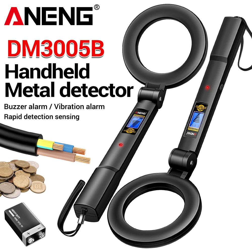 เครื่องตรวจจับโลหะแบบมือถือ เสียงเตือนและสั่นสะเทือน ANENG DM3005B สำหรับการรักษาความปลอดภัยสนามบิน ตรวจสอบวงจรไฟฟ้าผนัง ค้นหาทองคำและสมบัติ