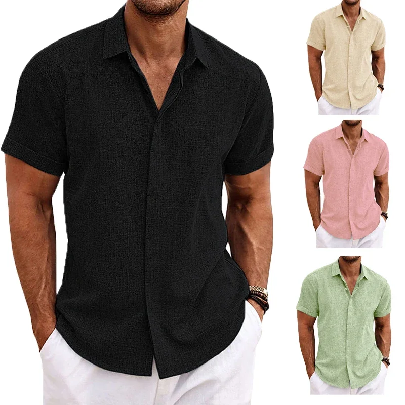 Cotton Linen Hot Sale Men\'s Short-Sleeved Shirts Summer Solid Color Turn-down Collar Casual Beach Style Plus Size