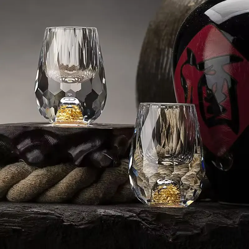 Household Light Luxury Gold Foil Wine Cup Shot Glass Cups White Spirit Glass Crystal Glass Creative Diamond Small One-mouth Cup
