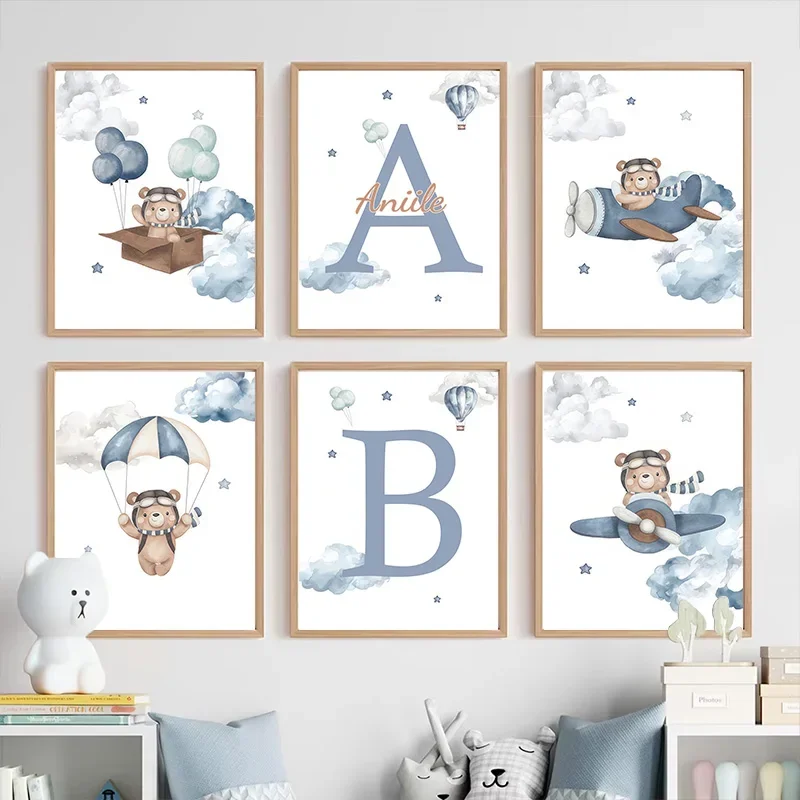 Customized Teddy Bear Nursery Wall Art Personalized Name Poster and Canvas Painting Cartoon Print Picture for Baby Bedroom De