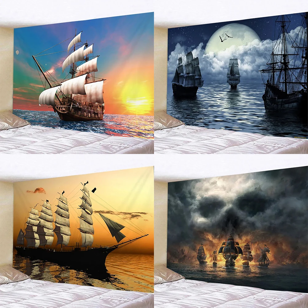 

Красивый морской закат, морской гобелен, ретро, пиратский корабль, подвесная ткань, украшение для дома, комната, гостиная, фон, ткань
