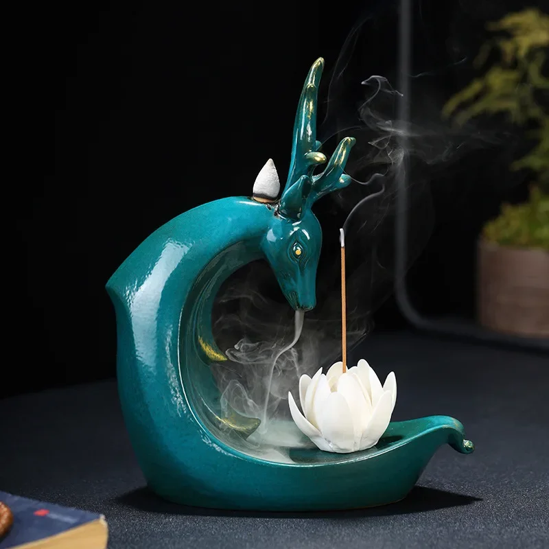 Creative Ceramic Backflow Incense Line Burner with Deer Ornament - Unique Waterfall Incense Holder