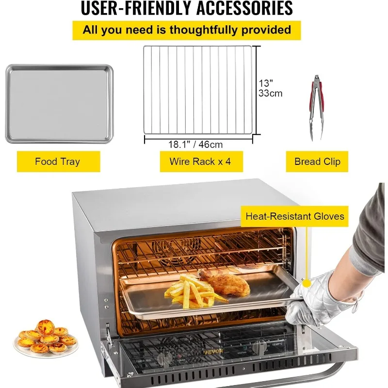 فرن حراري تجاري VEVOR، 47 لتر/43 كيو تي، سطح فرن تقليدي نصف الحجم، محمصة خبز 4 طبقات بقدرة 1600 وات مع باب زجاجي أمامي
