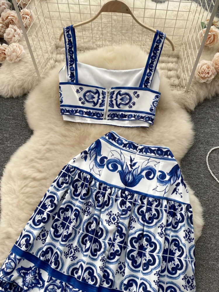 Women Vintage Printed Two Piece Sets Summer Sleeveless Crop Tops and Slim A-line Long Skirts Blue Elegant Floral Suits