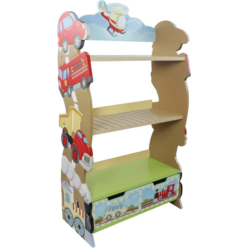 Fantasy Fields Baby Bookshelf and Toy Storage, Transportation Durable Wooden Kids Children Book Rack Organizer, 3 Shelves