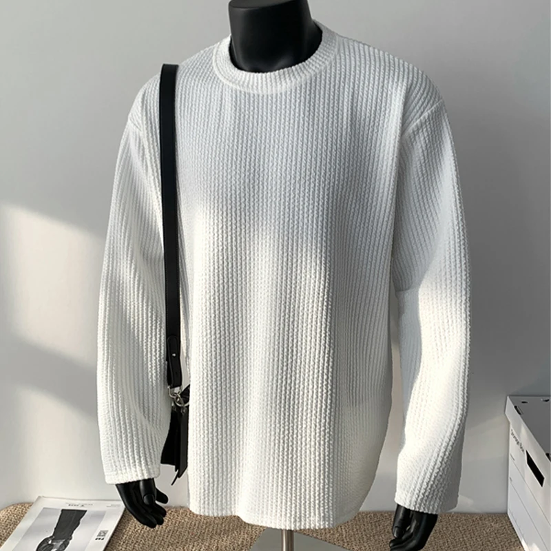 

Men Long Sleeve T-shirt Spring Autumn New American Casual Loose Solid Pullover Fashion Versatile Black Simple Breathable Tops