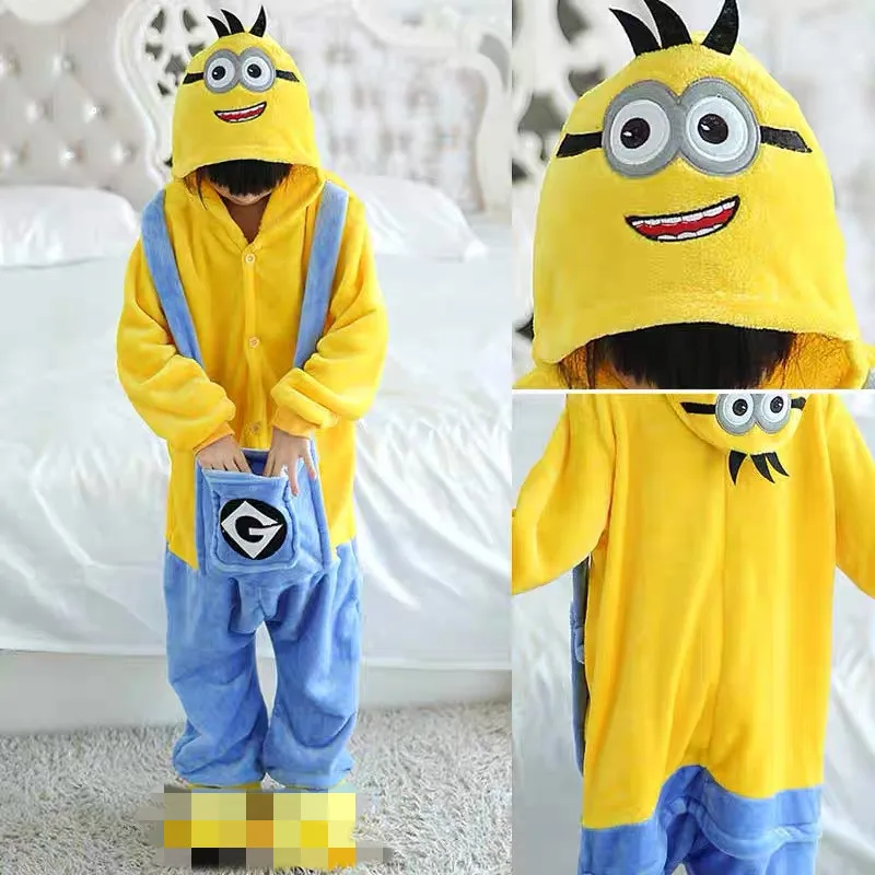 Kids Minions Parenting Cosplay Anime Costume Winter Flannel Kawaii Pajamas Halloween Christmas Clothes