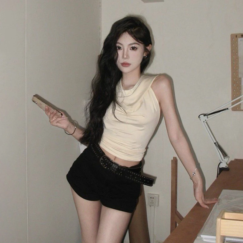 Gilet lavorato a maglia senza schienale con cappuccio girocollo casual moda estiva per donna