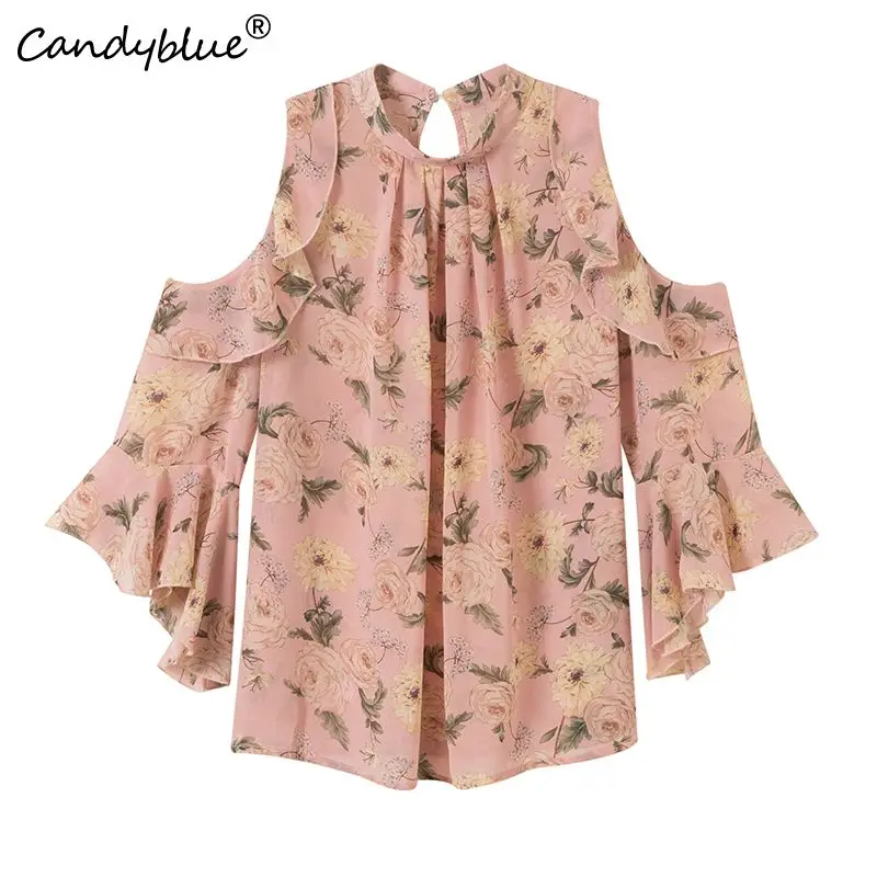 Fragmented Chiffon Shirt Women's Top 2023 Spring And Summer New Fashion Korean Loose Casual Dew Shoulder Stand Neck Pullover Top