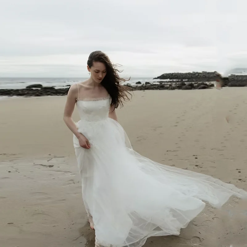 Boho Style Bridal Gowns Lace Tulle Wedding Dress Spaghetti Off Shoulder A Line Long Bridal Dresses Applique Floor Length