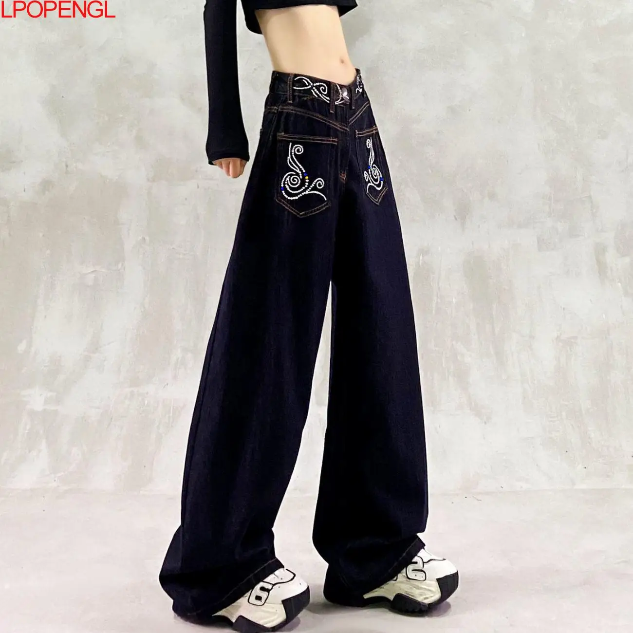 Damskie jeansy w stylu etnicznym z kieszeniami i haftem, sprane na niebiesko, nowy jesienny model, z wysokim stanem, luźne, uniwersalne, proste spodnie z szerokimi nogawkami.