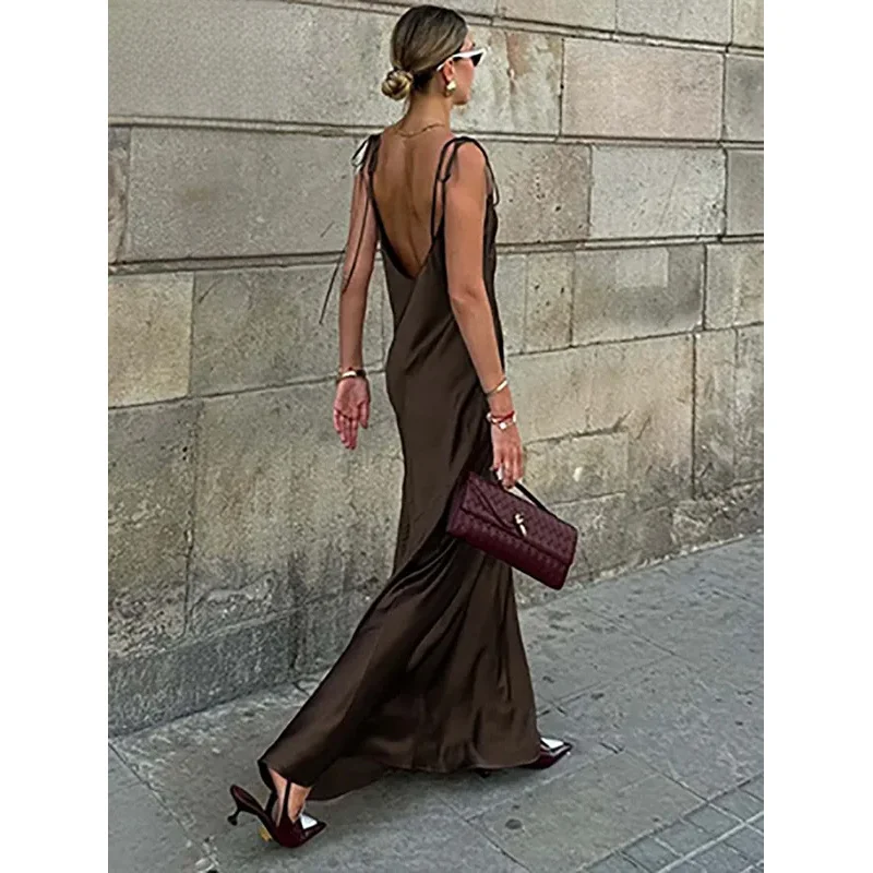 Bonny Elegant Brown Slim Womens Dresses Fashion Spaghetti Strap Open Back Dresses Casual Straight Floor-Length Dress Streetwear