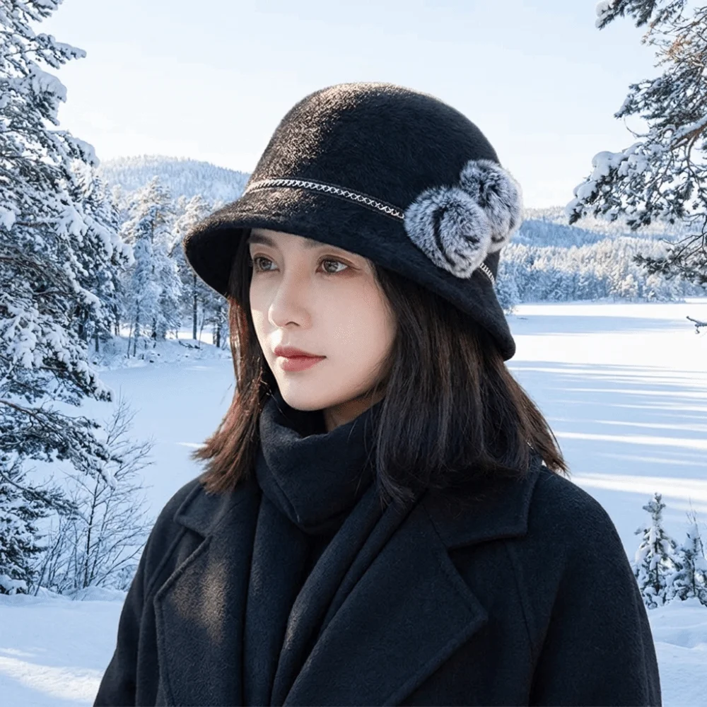 Simple Imitation Fur Topper Hat Plush Ball French Style Fisherman Hat Hepburn Warm Woolen Bucket Hat Funeral