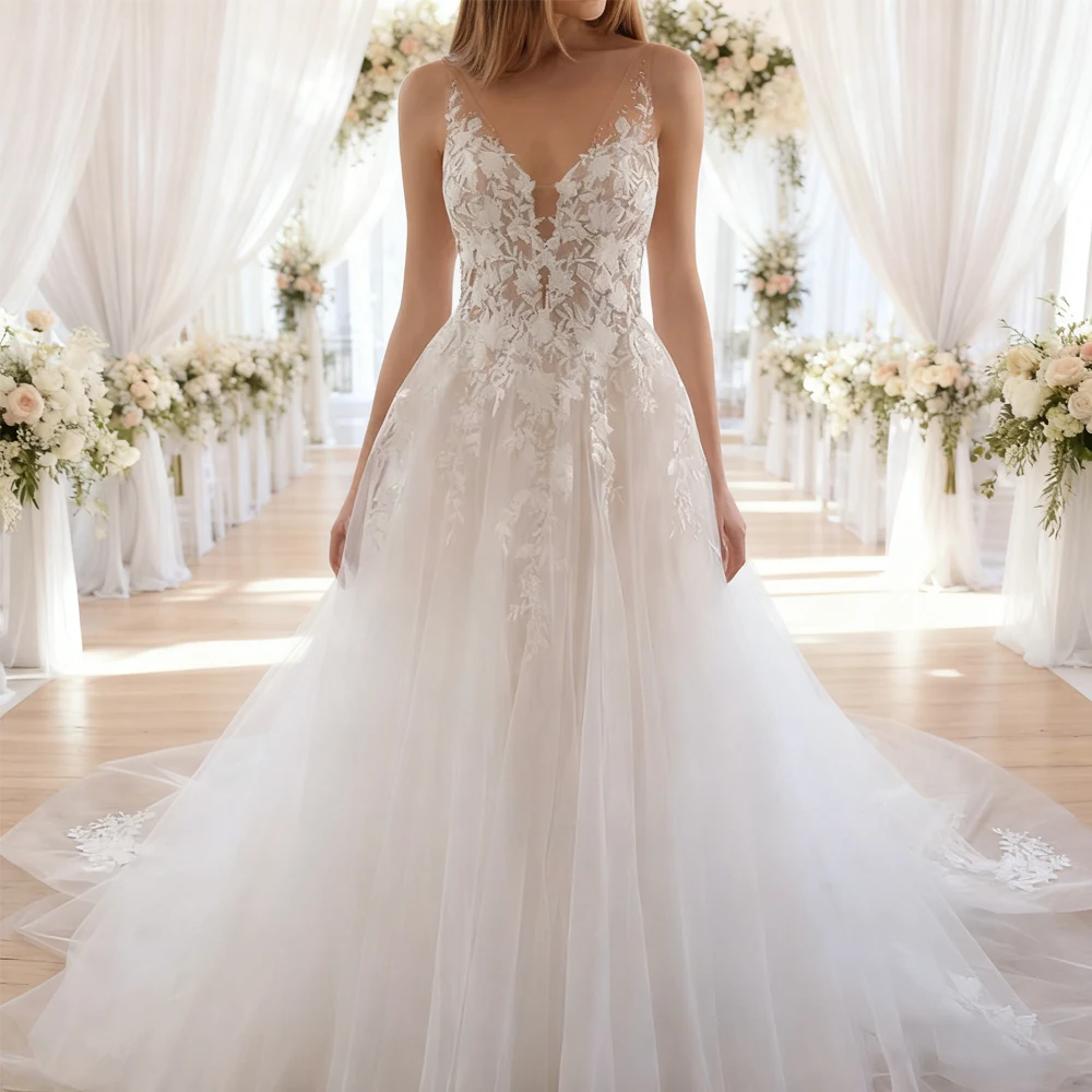 Ivory Wedding Dresses for Women Soft Tulle Spaghetti Straps Sleeveless Bridal Gowns with Lace Sweep Train Vestido De Novia 2025