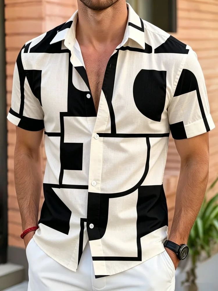Men's Retro Newspaper Text Geometric Arrow Printed Short-Sleeved Shirt with Lapel Buttons Cardigan, Street Casual Shirt