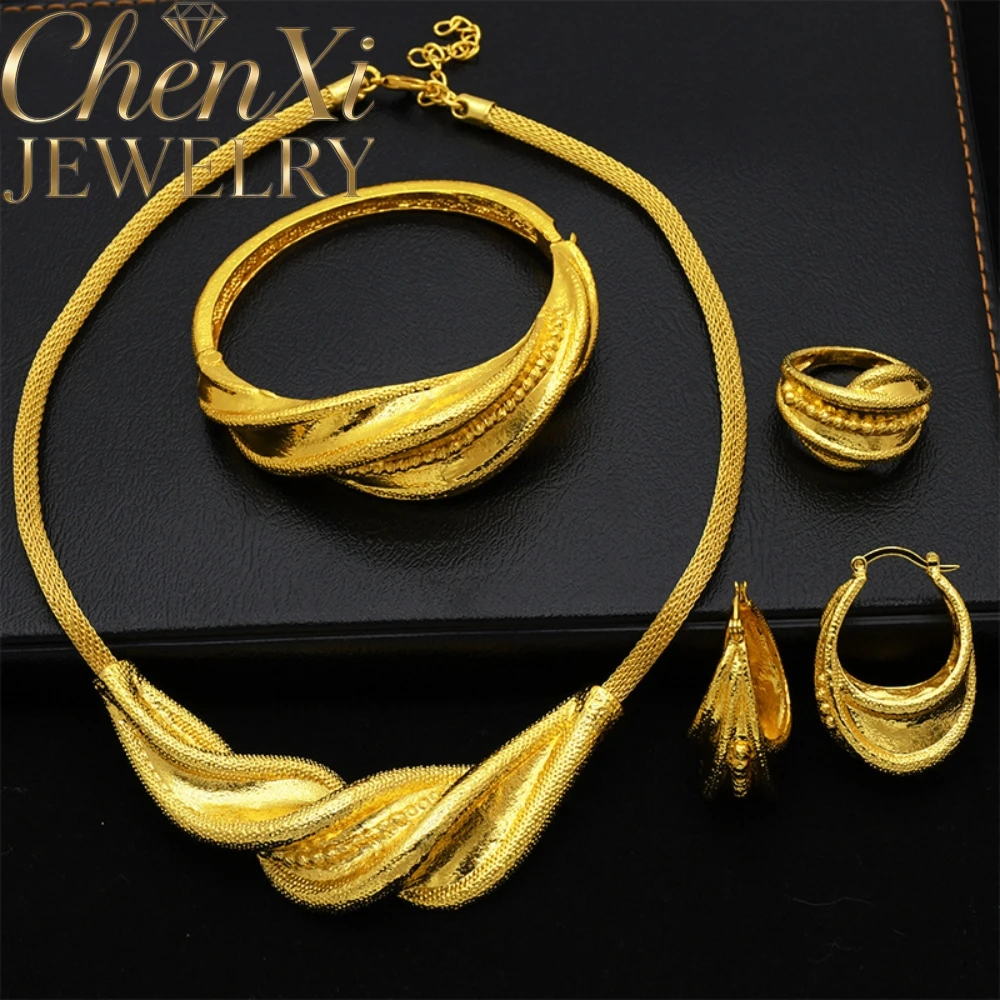 

High-End Luxury Elegant Alluvial Gold Fashion Popular Jewelry Set Women Wedding Party Banquet Necklace Earrings Ring 4pcs Gift