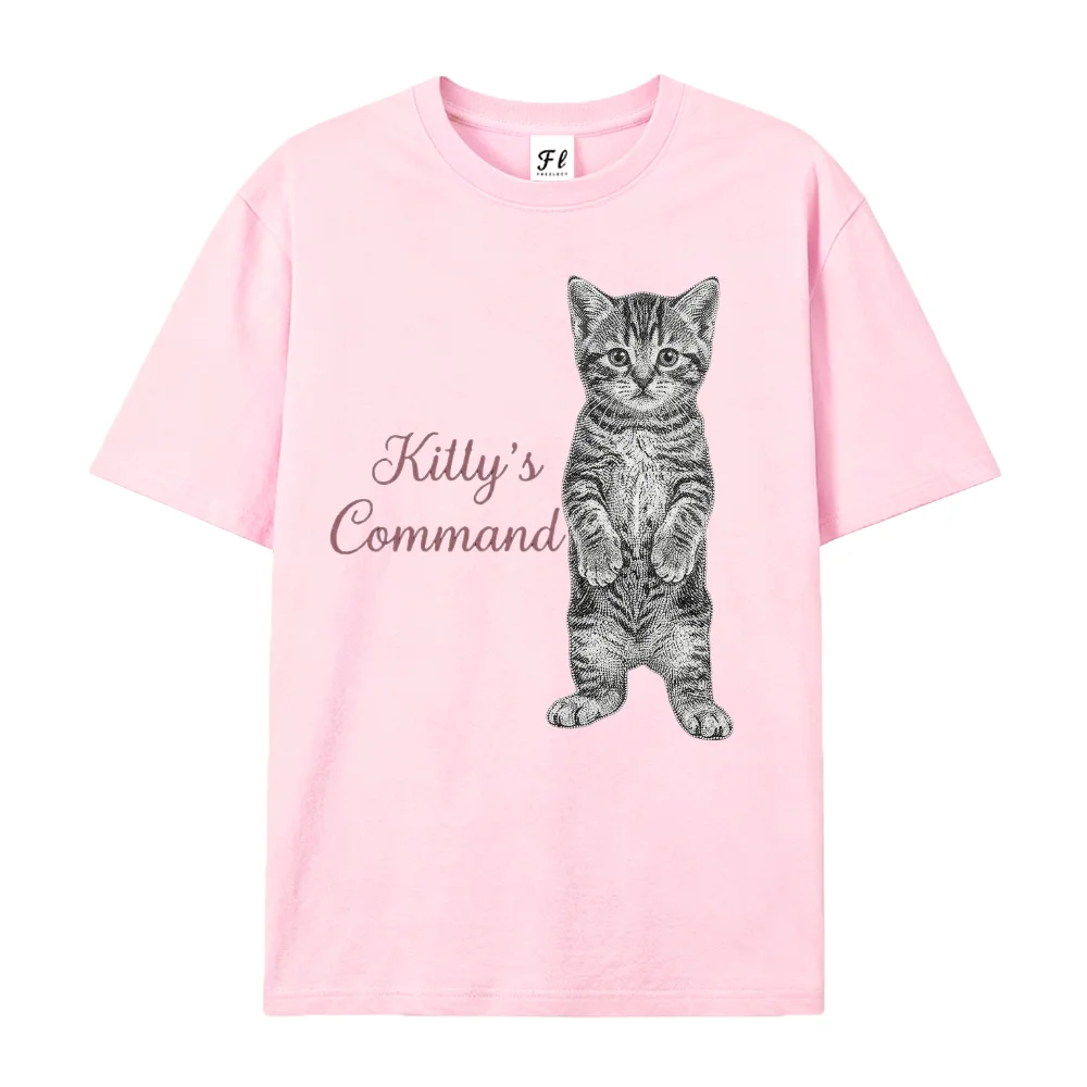Women T Shirt Cute Standing Kitten Graphic Tees Funny Kittys Command Lettering Vintage Cat Lover Aesthetic Short Sleeve Tops