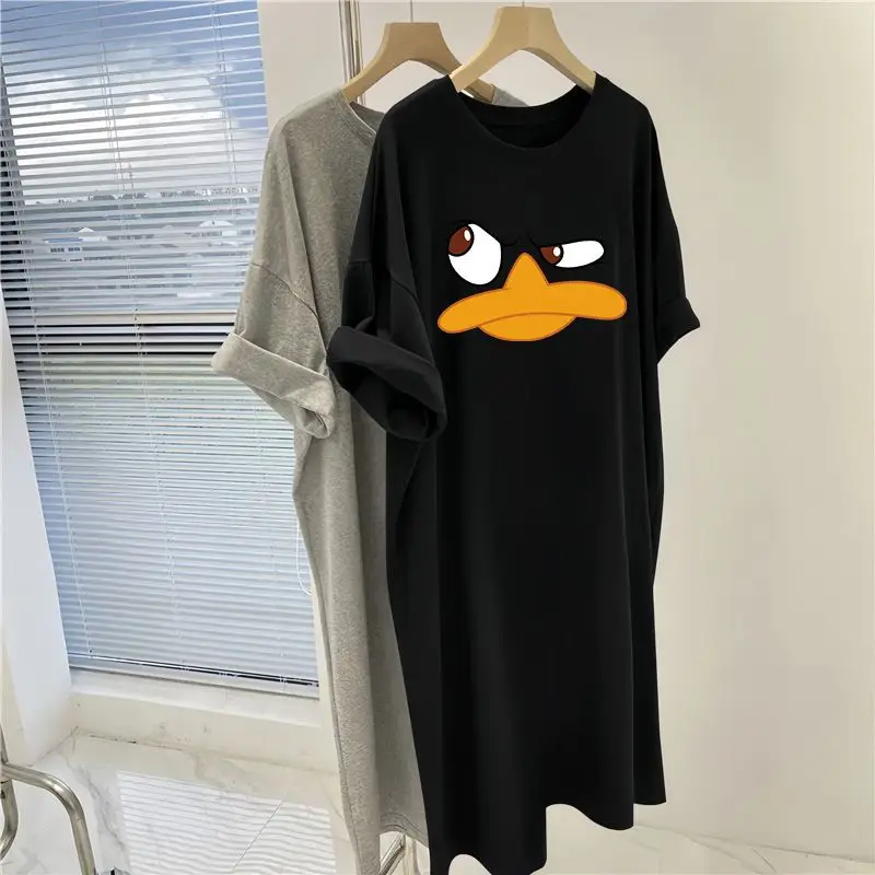 Home Loose Short Sleeve Pullovers Ladies Casual Black Tops Summer Fashion Printing Dresses Animal Cartoon Women's Clothing 2024