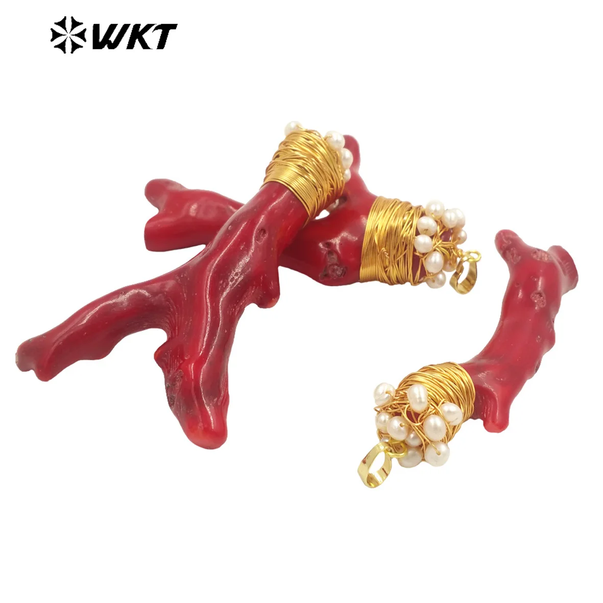 WT-JP345 Bohemian Natural gold wire wrapped red Coral pendants randomly shape gold necklace pendant for women unique pendants