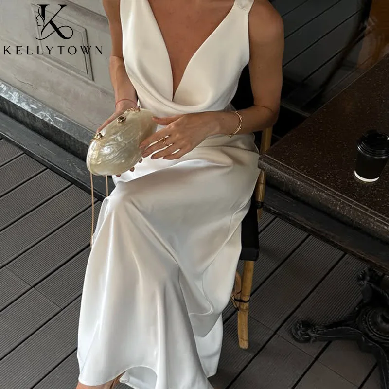 

Satin White Dress Women Swinging Collar Maxi Dresses Evening Club Clothes 2026 Elegant Chic Solid Sleeveless Party Bodycon Dress