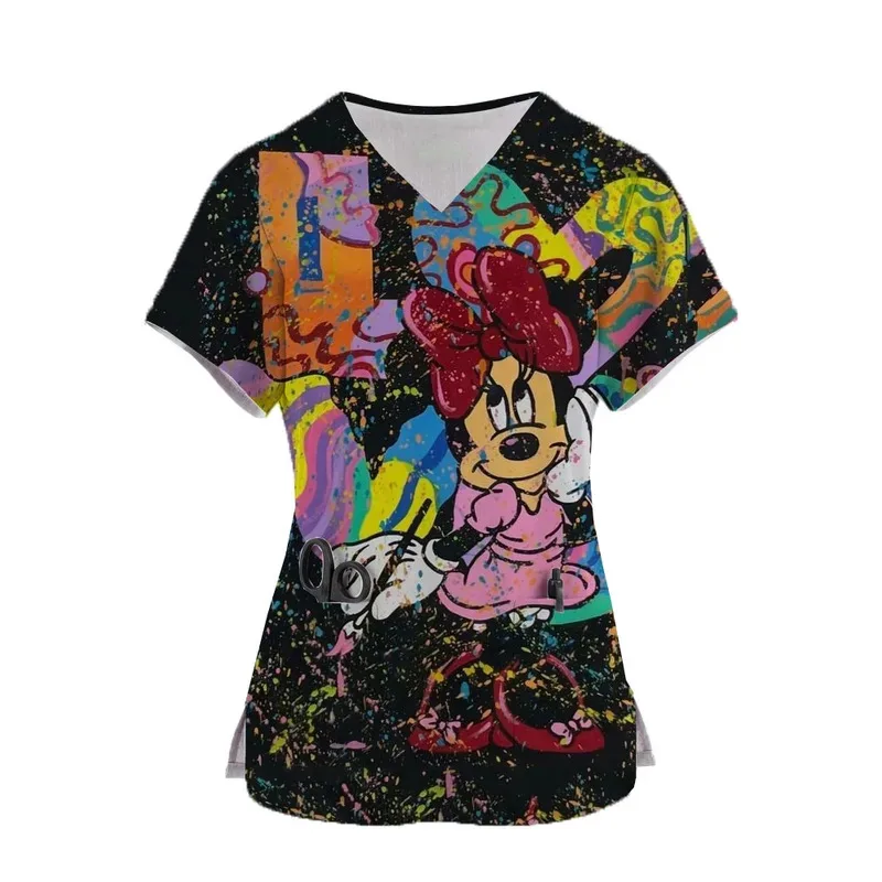 زي ممرضة ديزني لطيف ميني طباعة قصيرة الأكمام الخامس الرقبة ميكي ماوس ملابس العمل جيب الدعك الطبية وزرة الرعاية الزي الرسمي