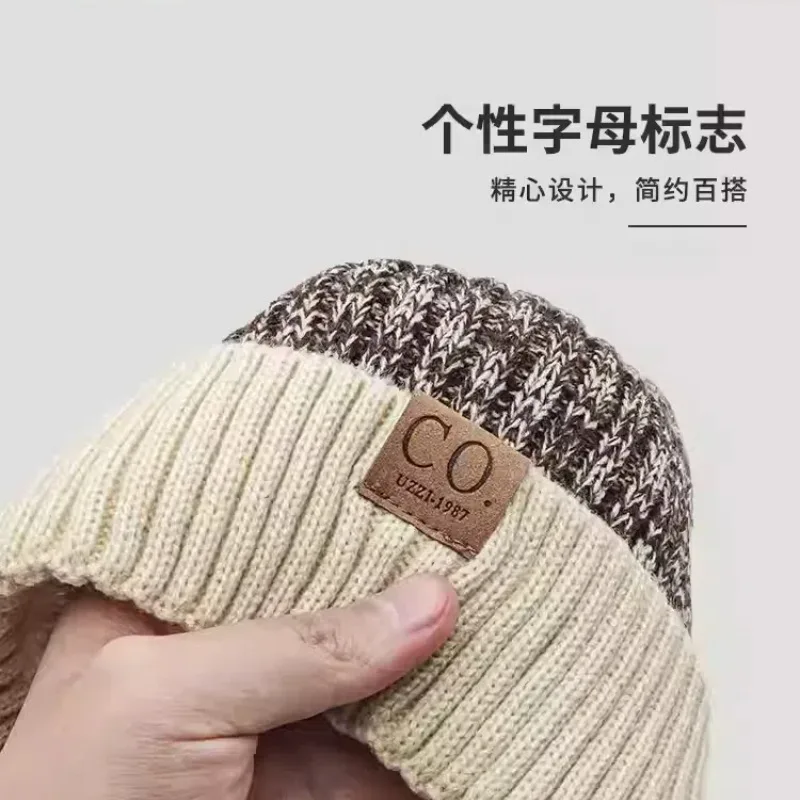 Face Small Knitted Letter Mark Men's Wool Hat Korean Version Hat Autumn and Winter Velvet Thickened Ear Protector Pullover Hat