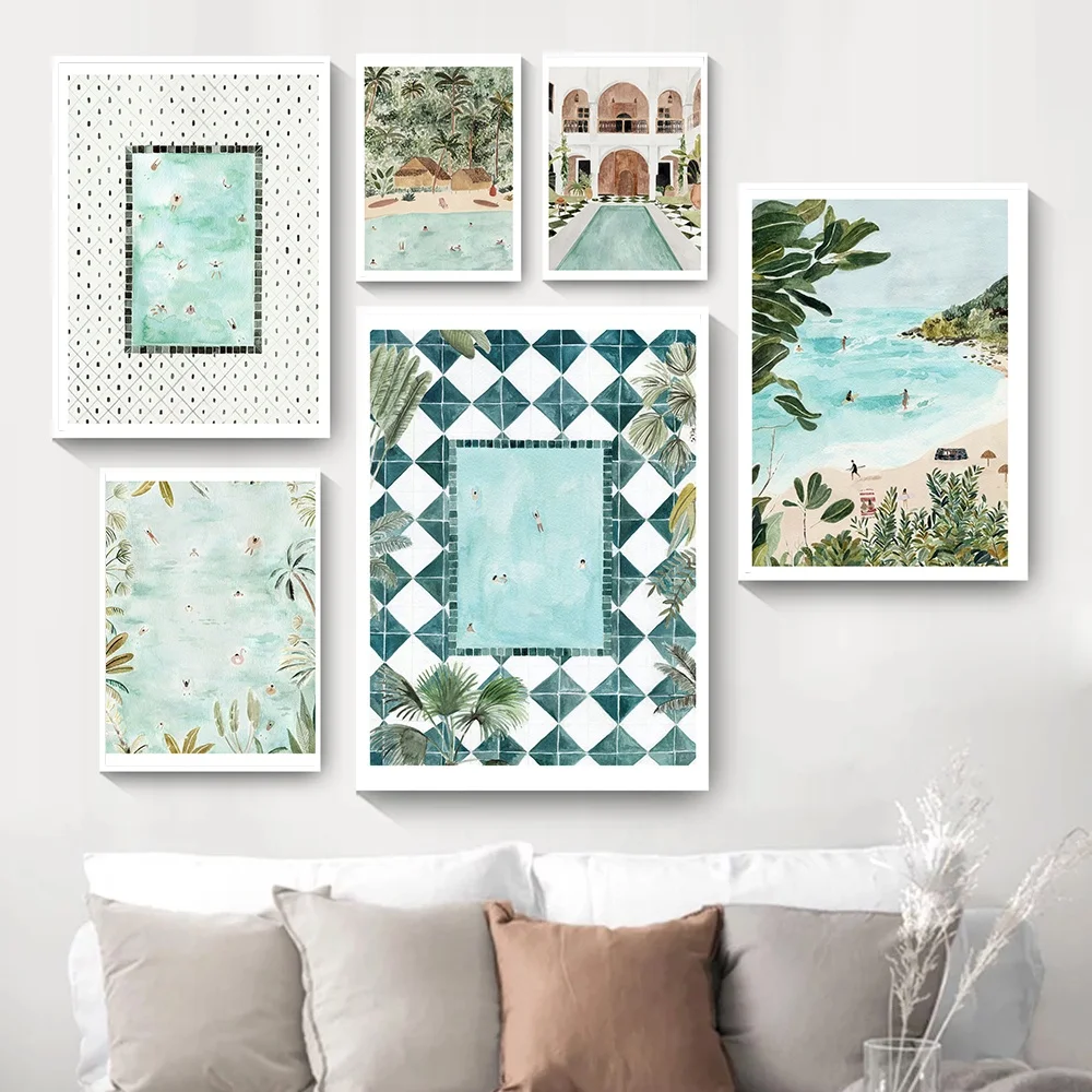 Sunny Beach Pool Moroccan Tropical Swimmers Wall Art Canvas Painting Poster and Print Nordic Wall Pictures for Living Room De