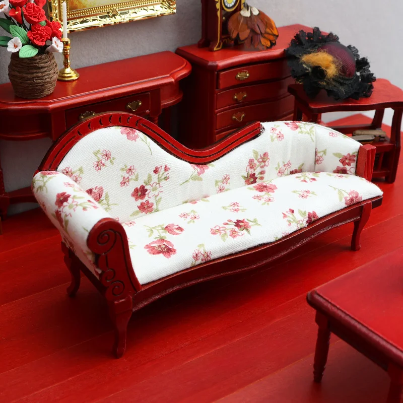 1/12 Scale Dollhouse Furniture Miniature Accessories Vintage Wood Floral Sofa Mini Victorian Bench Chair Lounge For Craft Decor