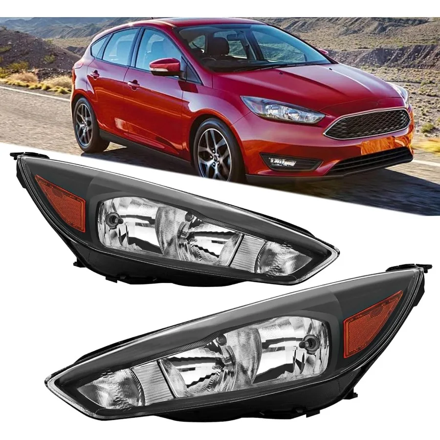 

Headlights Assembly Compatible with 2015 2016 2017 2018 Focus S SE ST Halogen Head Light Headlamp with Bulb Black Housing Ambe