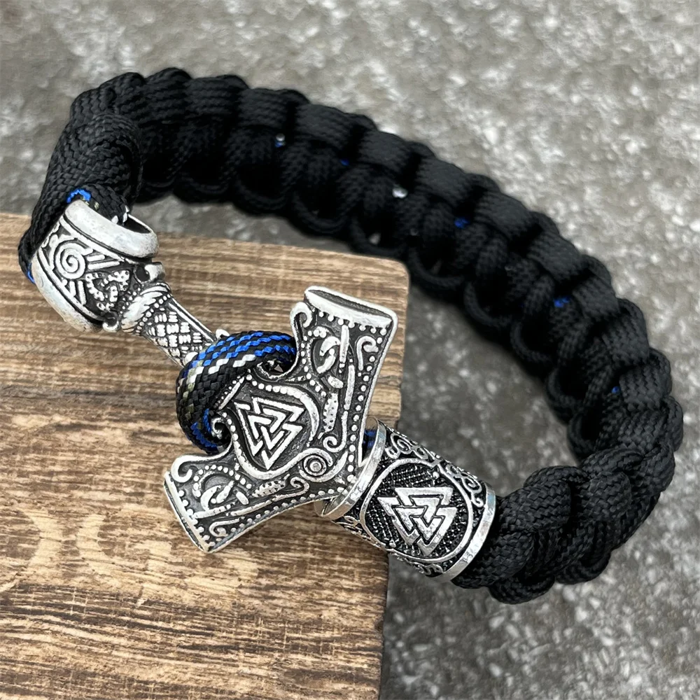 Thor Hammer Mjolnir Runes Teiwaz Algiz Amulet Jewelry Norse Viking Accessories Paracord Rope Bracelets For Men Women Bangles