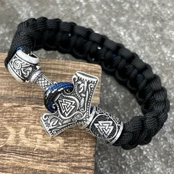 Thor Hammer Mjolnir Runes Teiwaz Algiz Amulet Jewelry Norse Viking Accessories Paracord Rope Bracelets For Men Women Bangles