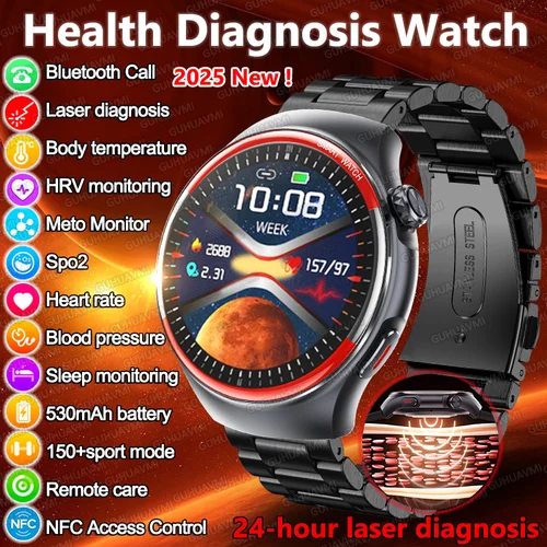 2025 Nuevo reloj inteligente con detección láser de presión arterial para hombres, frecuencia cardíaca, pulso, tres altos, oxígeno en sangre, llamada, salud, deportes, relojes NFC