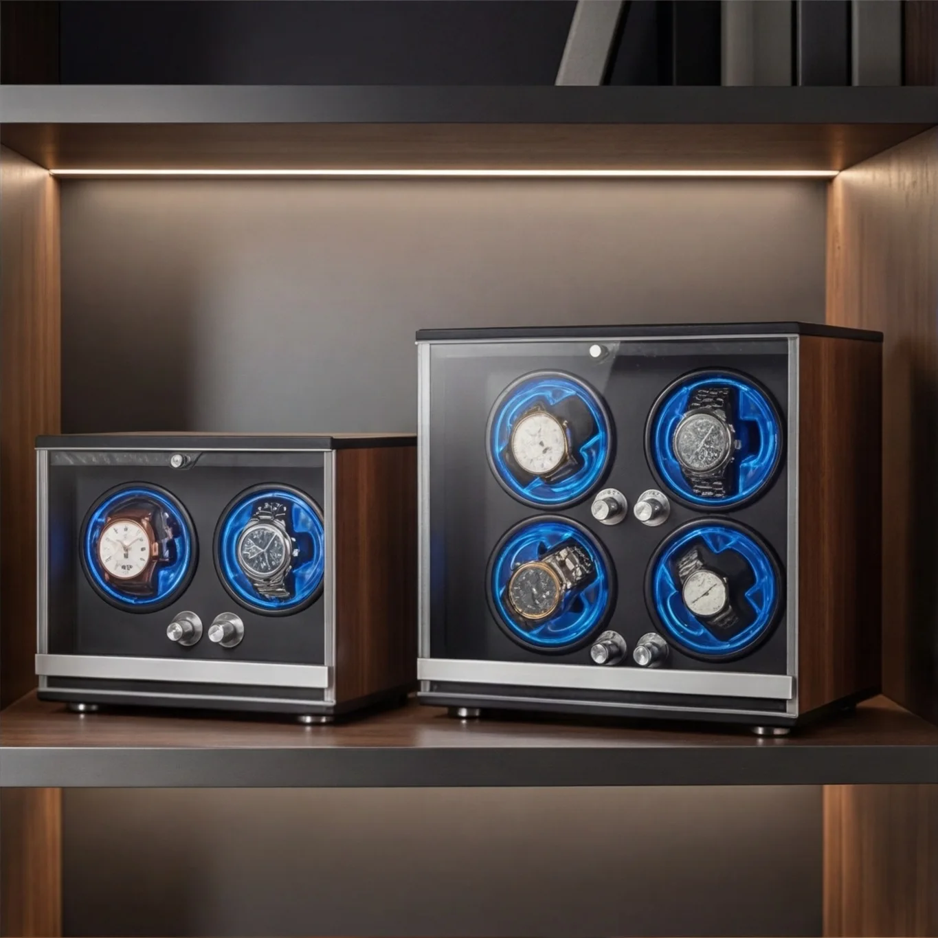 Premium 4 Position Watch Winder Walnut Wooden Cabinet Anti-magnetic Rotator with Blue LED Lighting Automatic Mechanical Watches