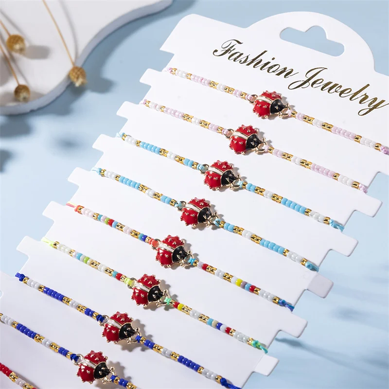 12Pcs Enamel Ladybug Charms Bracelets Set for Women Small Beaded Adjustable Wristband Bracelet Friendship Jewelry Gifts