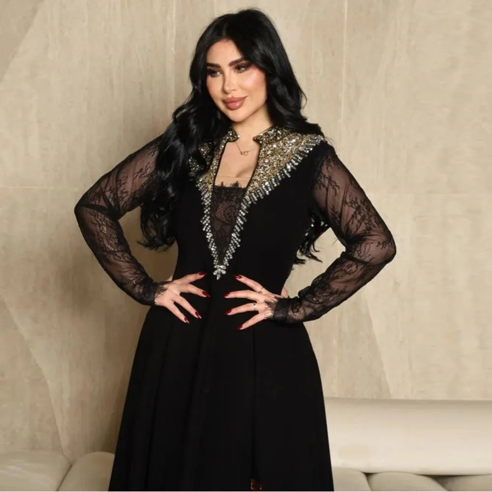 

Customized Elegant Gold Bead Evening Dress Lace Sleeve A Line Wedding Guest Outfit Black Chiffon Formal Evening Gown