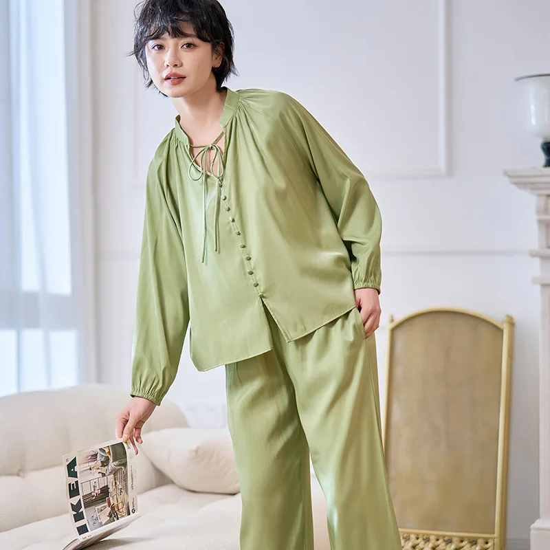 

Luxury Designer Style Pajama Set Women Silky Tie Neck Blouson Sleeve Top and Wide Leg Pants Chic 2 Piece Loungewear Outfit