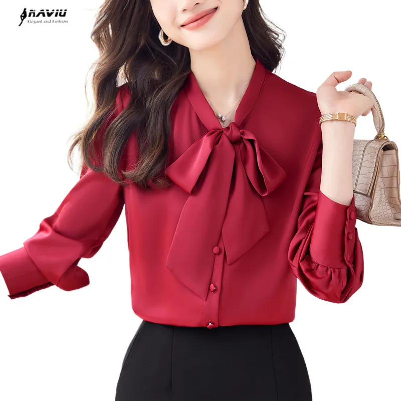 NAVIU Wine Red Shirt Women Spring Autumn New Elegant Temperament V Neck Bow Tie Blouses Office Ladies Work Tops White