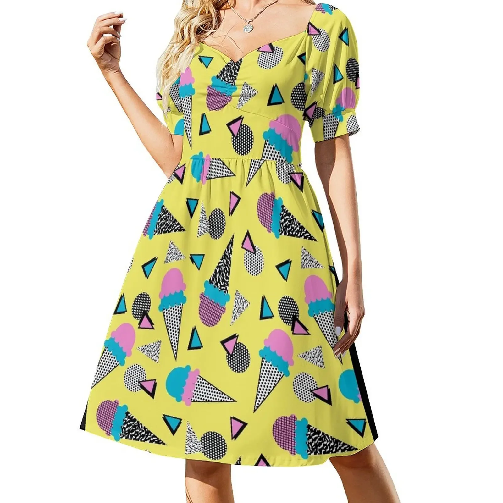 Cruncher - memphis throwback ice cream cone desert 1980s 80s style retro geometric neon pop art Sleeveless Dress Dress woman