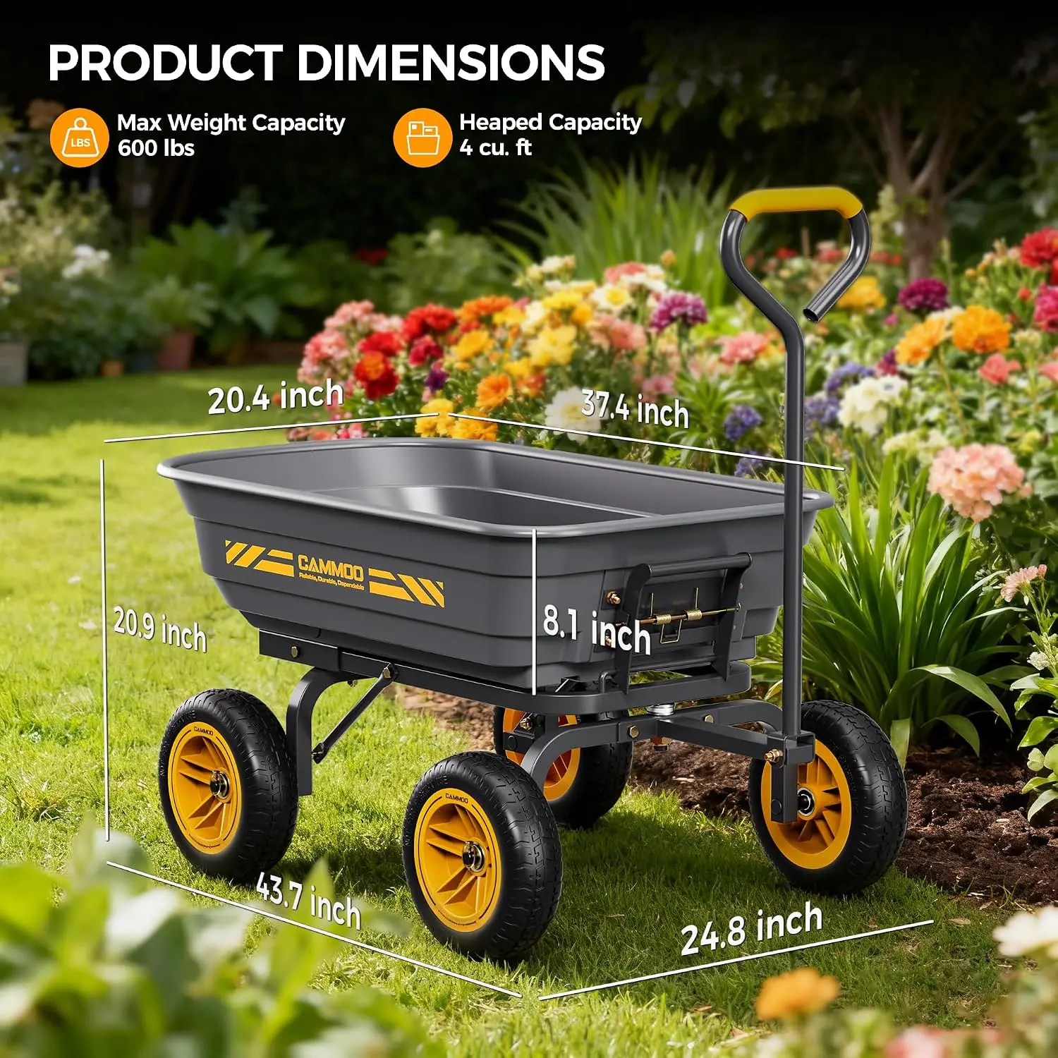 CAMMOO 10-in NO-Flat Tires 600lb Garden Dump Cart 4 Cu.Ft. Wheelbarrow Gray