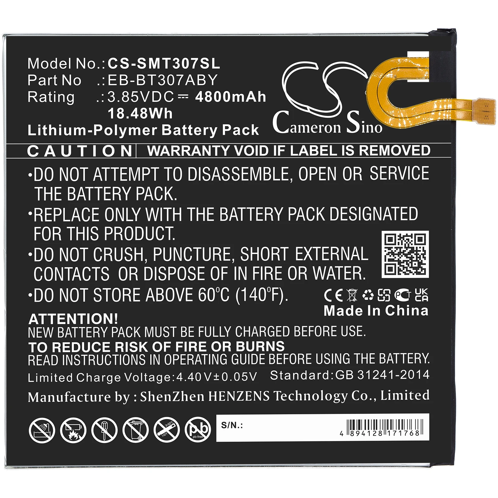 Li-Polymer Tablet Battery for Samsung,3.85v,4800mAh,Galaxy Tab A 8.4 2020, SM-T307U EB-BT307ABY