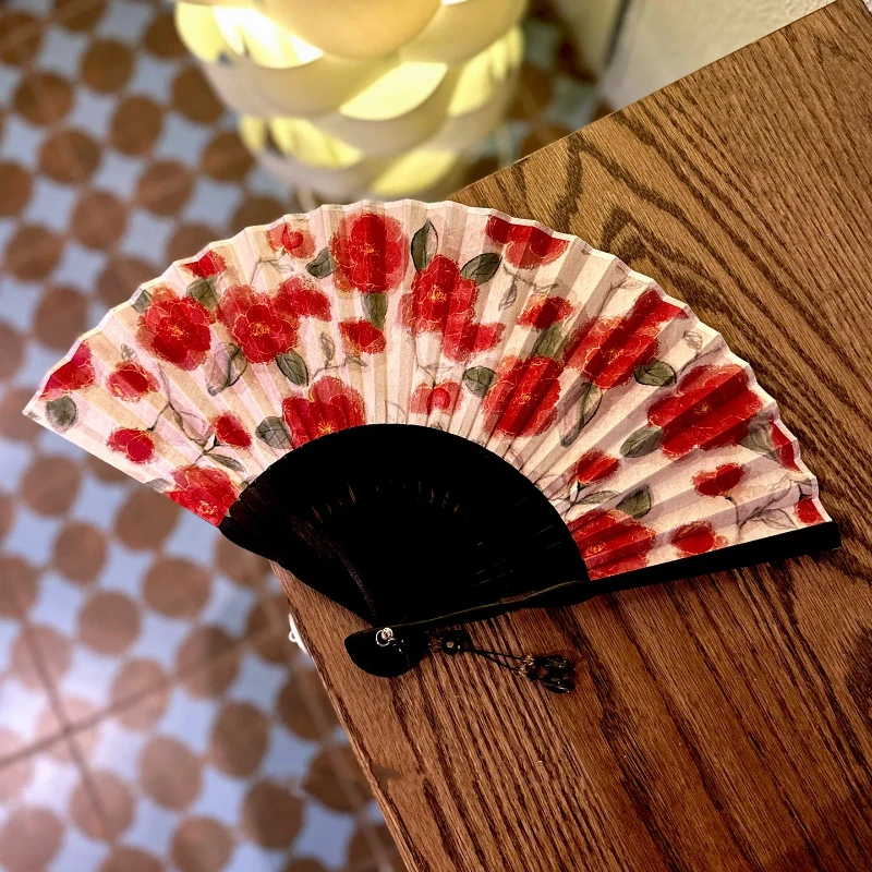 Retro Hong Kong Style Red Flower Pattern Folding Bamboo Fan Portable Summer Cooling Daily Fan for Women Cheongsam Hanfu Gift