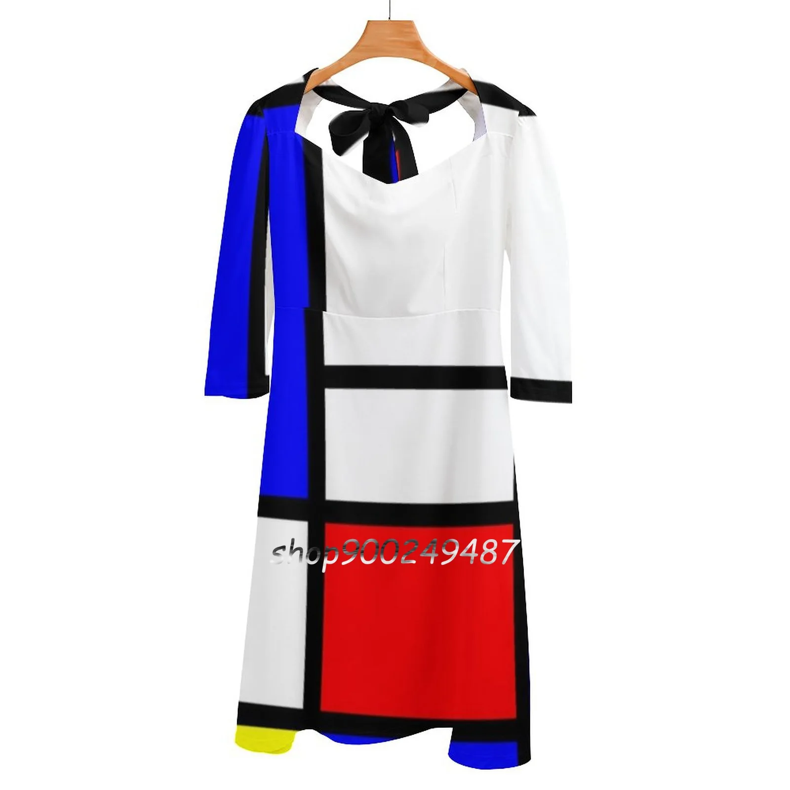 

Mondrian Flare Dress Square Neck Dress Elegant Female Fashion Printed Dress Piet Mondrian Composition Famous Red Yellow Blue