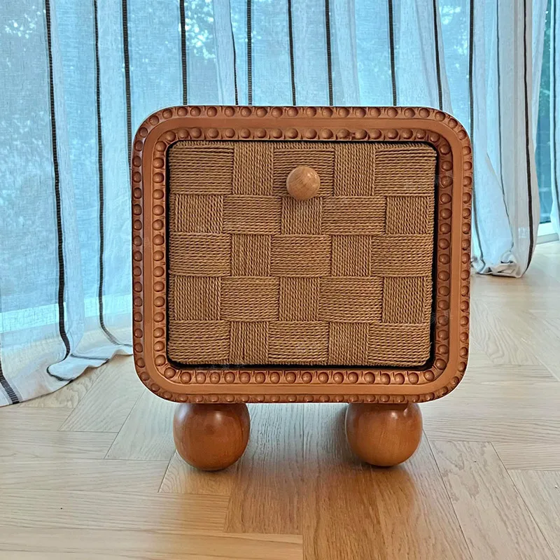 

French retro solid wood bedside table removable rope braided door Danish designer round foot bedroom single door storage
