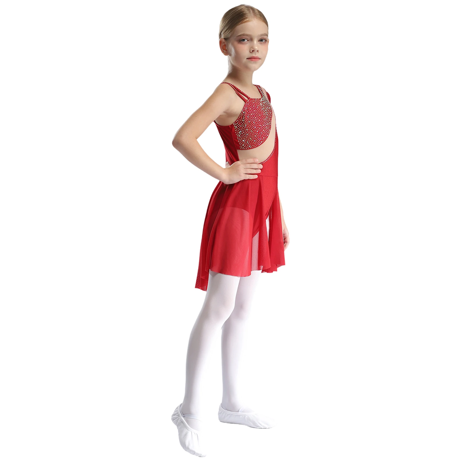 Girls Figure Skating Dance Costume Sheer Mesh Patchwork Glittery Rhinestones Skirted Leotard for Ballet Performance Dancewear