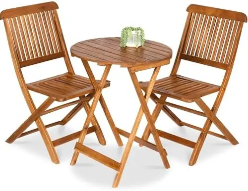 3-Piece Acacia Wood Bistro Set, Folding Patio Furniture for Backyard, Balcony, Deck w/ 2 Chairs, Round Coffee Table