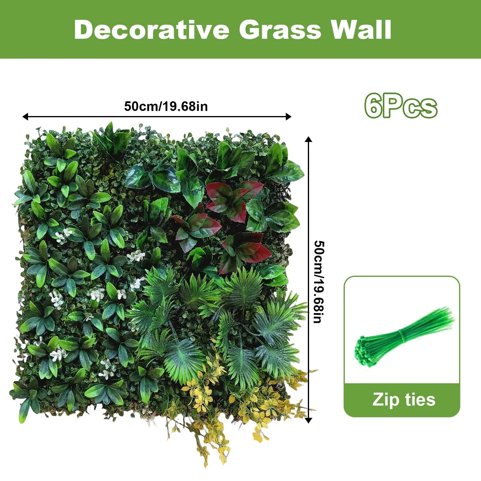 6/12/16 Piezas, Panel de Pared de Plantas Artificiales Verdes, Paneles de Pared Verdes Artificiales Colgantes de 50x50cm para Interiores y Exteriores, Decoración de Hierba Artificial Estilo Selva