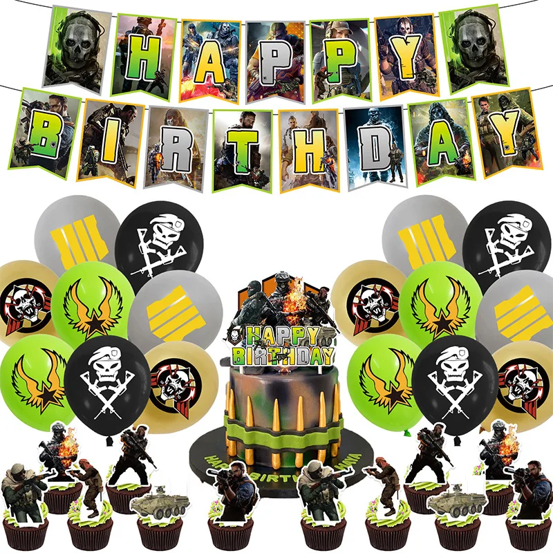 Hot Call of Duty Party Game Theme Decoration Happy Birthday Banner Balloons Spiral Cake Topper Kids Bar Mitzvah Toy Ballons Gift