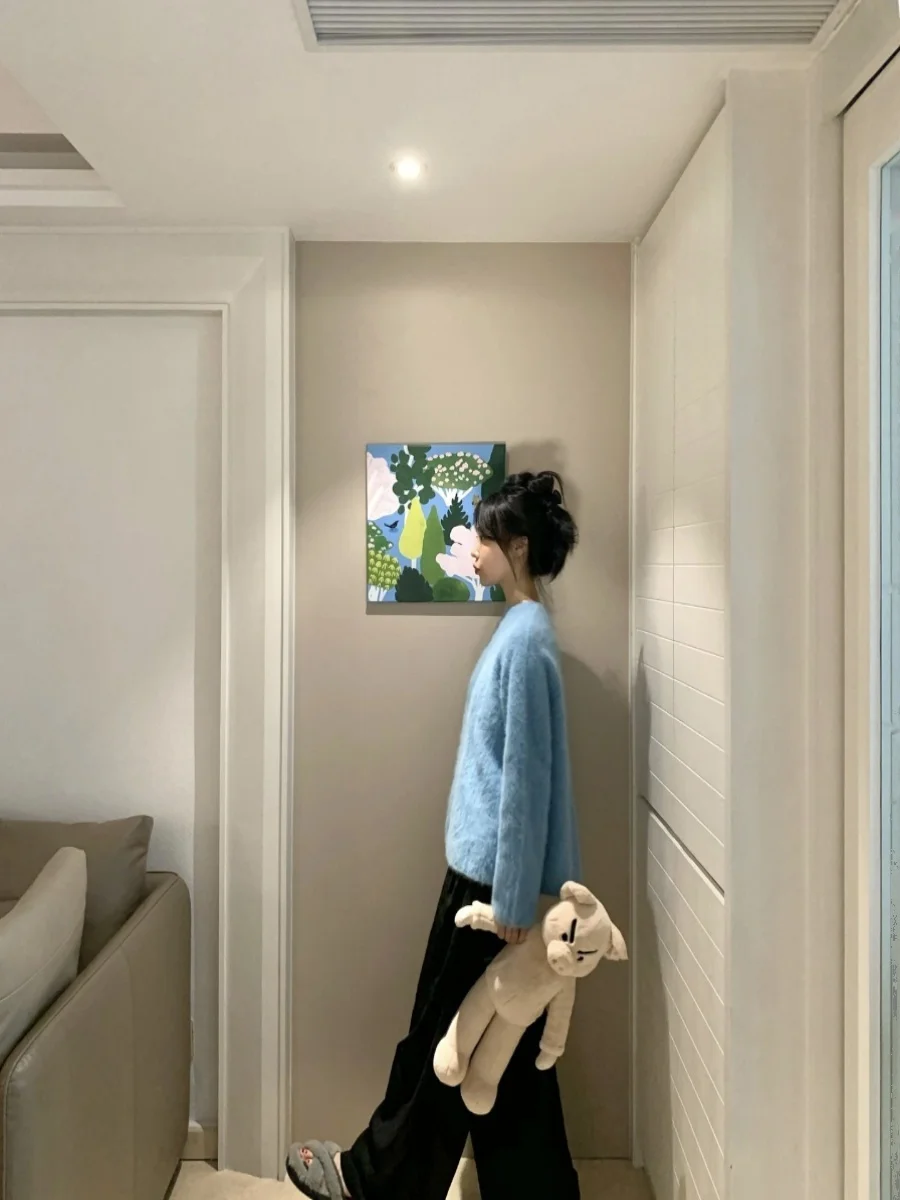 Pull tricoté en fourrure d'ours bleu rond Ne doux confortable paresseux Sle coupe décontractée Long Sve haut pour femme par BUWAN STUDIO