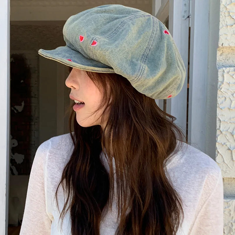 

Japanese Large Version Denim Love Embroidery Cloud Berets Spring and Autumn Niche Soft Brim Shading Women Octagonal Painter Hat