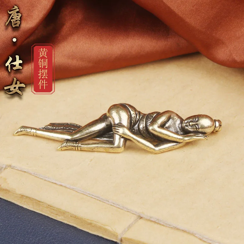Vintage Brass Tang Dynasty Lady Bronze Sculpture Craft Desktop Ornament Sleeping Beauty Decoration Collectible Bronze Wholesale